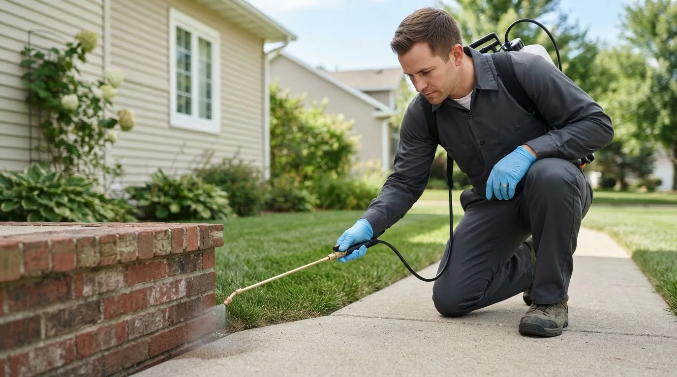 Pest control technician treating a home near Warfield, VA