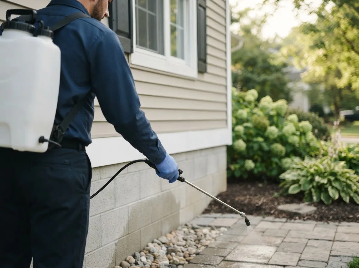Pest control technician inspecting a home in Warfield, VA